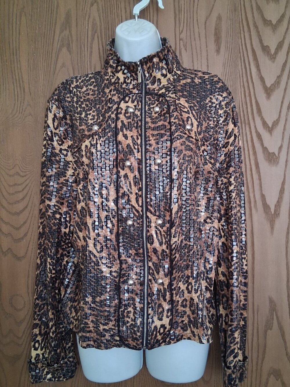 Lisa International Leopard Print Metallic Long Sleeve Zip Jacket Large